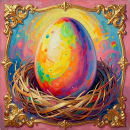 a huge colorful egg inside a nest, stylised, vibrant colors, baroque, detailed, oil on canvas, trending on artstation