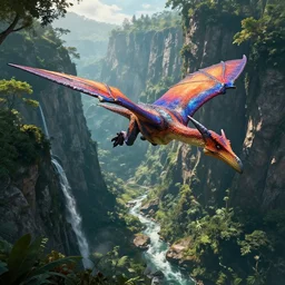 wide angle view of swooping ((orange red cerulean indigo)) pterodactyl, over a deep canyon, mountainous jungle setting, trees, waterfall, river, rocks, dramatic lighting, highly detailed, artstation, unreal engine, matte painting in the style of craig mullins, Uncharted 4, fish eye lens, 8k HDR