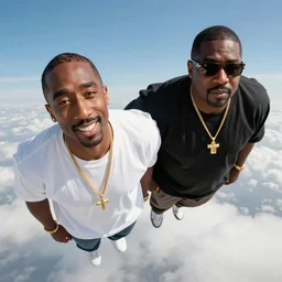 Smiling Tupac and Biggie flying to Heaven