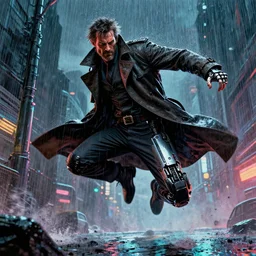 Grizzled Trenchcoat detective fighting in the rain. Detailed dynamic anatomical proportions. Anti-hero leaping into action POV. Cybernetic kung-fu action shot. Dynamic, delirious, creative panel style by Bill Sienkiewicz. Heavy chromatic abberation. Visual distortion. Sci-Fi cyberpunk Comic page made up of art by the best artists Trending on Artstation.  Octane render, Raytracing, 3d masterpiece, fantastic lighting by James Gurney. Noir detective genre.