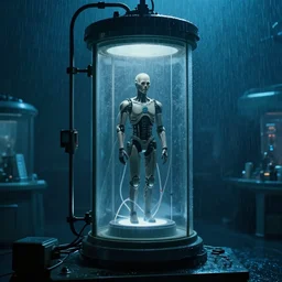 movie scene of a human clone being grown in a pod with tubes coming out of it, in homemade mechanical hard sci fi lab. cool blue lighting, moody vibe, rainy day, dark knight ( 2 0 0 8 ) set in 1 9 8 2. light haze. cinemascope. scorcese. david fincher se 7 en. fred herzog