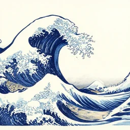 line drawing of ocean wave, thin long fine lines, woodblock print