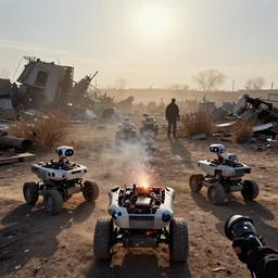 a first person view of few broken boston dynamics wheeled robots, in a big scrap yards of robots, electric arc and sparks, short - circuits, gigantic contraptions scattered in the background, cemetery, dried up bushes, dust bowl, heat haze mirage, blinding sun, dust storm in the horizon, reporter, live footage, canon landscape lens, ektachrome color photo