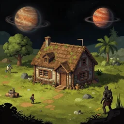 in front of a house, in a remote outpost, on an alien planet, from a space themed point and click 2 d graphic adventure game, set design inspired slightly by hg giger and tomb raider, art inspired by thomas kinkade and william alexander