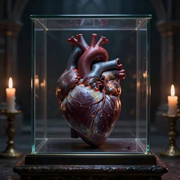 macro shot portrait of a anatomical real heart inside glass box on an altar, darkmagic realistic, dark magic in the air, inside a medieval dungeon with candles, grimdark magic ritual, 8 k, realistic render, octane render, unreal engine, style by greg rutkowski, intricate details, cinematic lighting