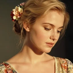 vintage photograph of an olive skinned blonde female model in her twenties looking down, her hair pinned up with flowers, wearing a designer top, looking content, focused on her neck, photo realistic, extreme detail skin, natural beauty, no filter, slr, golden hour, 8 k, high definition, selfie