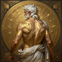 painted back portrait of rugged zeus greek god by greg rutkowski craig mullins artgerm alphonse mucha gold paint lightning tattoo, white hair handsome muscular upper body mature flowing robe [ ancient greek motifs ] background fantasy intricate elegant detailed digital painting concept art artstation sharp focus illustration