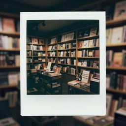 liminal polaroid of a book shop at night, art by tim hildebrandt, deep depth of field. highly detailed, hyper realism, hd, 4 k