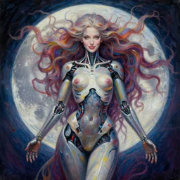 full body front view of a beautiful biomechanical moon goddess, flowing hair, intense stare, sweet smile, concept art, intricate detail, volumetric shadows and lighting, psychedelic colors, realistic oil painting by gustave dore,