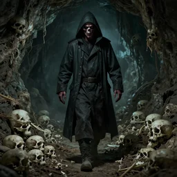 plague doctor walks in to cave littered with bones, creepy, haunting, trending on artstation.