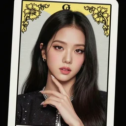 jisoo from blackpink, portrait, tarot card, hyperrealistic, highly detailed, deep focus, intricate, elegant, digital painting, smooth, sharp focus, illustration, ultra realistic, 8 k, art by karol bak and agnes cecile