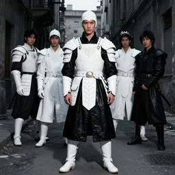 fashion model with white ancestral ornate medieval tactical gear standing inside an alleyway, black leather samurai garment, long shot, dark abandoned city streets, by irving penn and storm thorgerson, ren heng, peter elson,
