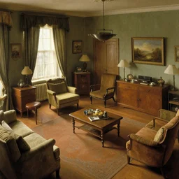 a birdseye view over furnished retro style room, by john everett millais