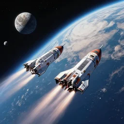 two space ships zooming past a planet with several moons, science fiction concept art, vibrant, action shot, racing