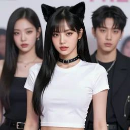 realistic detailed semirealism beautiful gorgeous cute Blackpink Lalisa Manoban wearing white tight t-shirt, black hair black cat ears, black leather choker, proportional body, WLOP, Aztodio, Taejune Kim, sakimichan, ArtGerm, Pixiv, Instagram, Artstation