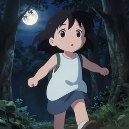 anime visual, portrait of a curious young girl walking in a forest at night, moonlight, cute face by ilya kuvshinov, yoh yoshinari, dynamic pose, dynamic perspective, high contrast, cel shaded, rounded eyes, kyoani, natsume yuujinchou, smooth facial features, makoto shinkai