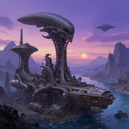 sci - fi, alien landscape old machines, old starships, mountains, river, sunset, purple, pink, blue, deep focus, fantasy, intricate, elegant, highly detailed, digital painting, artstation, concept art, matte, sharp focus, illustration, art by artgerm and greg rutkowski