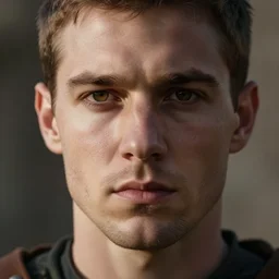 dramatic cinematic close up artwork of a medieval commander in his twenties, clean shaven, short brown hair, hazel eyes and a small chin staring into the distance with a slight smile on his face, standing in front of his warriors ready for battle by greg rutowski, 4 k, masterpiece, sun rays