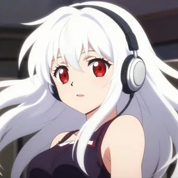 anime film still portrait of a japanese young woman, large, red eyes, white hair!!!!!, long, wearing wireless headphones, detailed facial features, dynamic pose, cute face by ilya kuvshinov, katsuhiro otomo, bakemonogatari, rimlight, anime cel shaded, 4 k