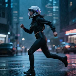 editorial photo of a woman wearing scifi helmet running motion blur, cyberpunk night, city, raining
