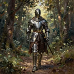 oil painting of a medieval knight on a forest trail, fullbody portrait, detailed