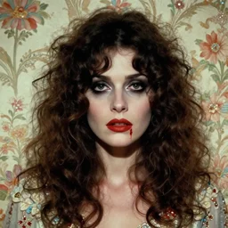 a beautiful but sinister woman in layers of fear, with haunted eyes and curly hair, 1 9 7 0 s, seventies, floral wallpaper, delicate embellishments, a little blood, crimson, painterly, offset printing technique, by delphin enjolras