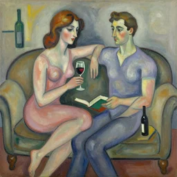 woman, man, intimate, wine, book, sofa, by robert delaunay