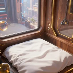 angled close up photo of white sheets lying on a corner window in a futuristic cozy bedroom from overwatch and oblivion movie, by wlop by jung yeon min and james jean jhonseru jsezz artstation and greg rutkowski, with some wood and gold details, biomechanical, lens orbs, global illumination, with a window overlooking a cyberpunk metropolis, lounge, architectural, volumetric lighting, granular detail, japandi, hyperrealist, ( no people in the scene ) micro details, blender, vray
