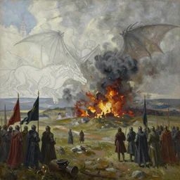 craig mullins epic oil on canvas painting of a middle ages atmospheric landscape, line art!!, ink, art concept for a book cover!!, harmonic colours, thik brushstrokes, soldiers with banners, medieval movie still, game of thrones concept art, dragons, explosion, grey smoke, highly detailed, centered, hyperrealism, romantic, smooth, sharp focus trending on artstation, by greg manchess and by ismail inceoglu and by kilian eng and by jake parker