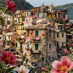 close up of flowers and a house of portofino italy, quint buchholz, wlop, dan mumford, artgerm, liam brazier, peter mohrbacher, raw, featured on artstation, octane render, cinematic, rugged, intricate, 8 k