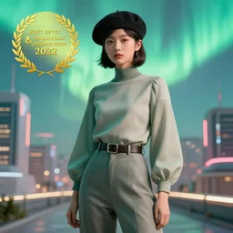 aurora with a beret in a retrofuturistic city, retro futuristic fashion, photography award winning,