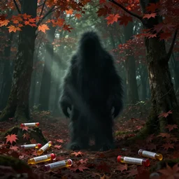 ominous fuzzy shadow monster in a maple tree forest, yeast extract tubes scattered around, uncanny, vhs, creepypasta, octane render, ray - tracing, godrays, 6 k