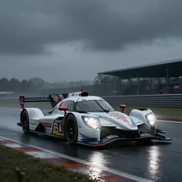Honda Civic 2022. Honda LMP2 car racing on dimly lit track overcast skies raining headlights illuminating the track cinematic digital painting vray photo muted colors dark cinematic