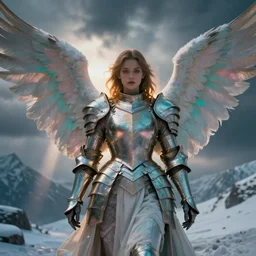 one angel, big wings, low key light, full plate armor with cloth, f 1 6, bokeh, extreme close up portrait, gentle, female, snowy mountain, storm clouds, god rays, landscape, d & d, fantasy, elegant, teal pink white gold color palette, concept art, artgerm and greg rutkowski and alphonse mucha