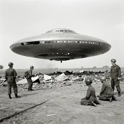 old photograph of flying saucer crash site, debris field, military soldiers investigating, aliens on ground, 1946
