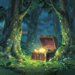 mythical glowing ruins, beautiful ancient trees, hiding large treasure chest, serene evening atmosphere, soft lens, soft light, cel - shading, animation, in the style of cgsociety, deviantart, artstation, zbrush, cinema 4 d, studio ghibli, akihiko yoshida, atelier lulua, masamune shirow