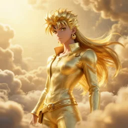 Giorno Giovanna from Golden Wind photoreal, Jojos Bizarre Adventure, golden clouds swirling, cinematic, unreal engine, octane render, movie still, zbrush, sun, backlit