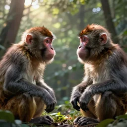 two macaques looking at each other inside forest, digital art, soft shadows, creepy art, sun flare