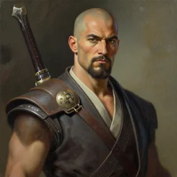 a bald man warrior with a goatee, art by Tony sart, Thomas kinkade