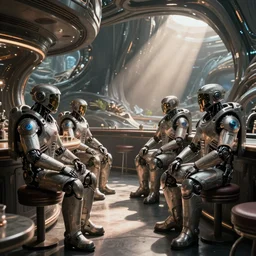 sci-fi cinematography of cybernetic space soldiers sitting in an alien bar. By Emmanuel Lubezki