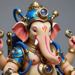 awardwinning portrait photo of a steampunk god ganesha, wearing a glowing golden and blue metallic steampunk astronaut helmet with blue tubes and cables and shiny metallic devices, 3 d render, crisp, 8 k, fluorescent colors, insanely integrate, nikon photography