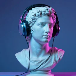 a roman bust wearing headphones listening to music, vaporwave style