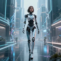 A beautiful female cyborg ai wandering, cyber universe, glass buildings, volumetric lightning, reflections, octane render 8K