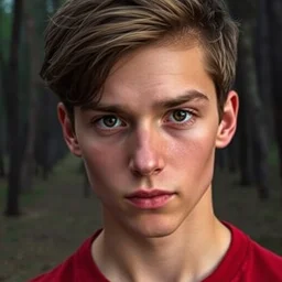 dark shaped eyes, detailed face, realistic photo, male teenager, portrait, brown hair, red shirt, blue jeans, walking in forest.