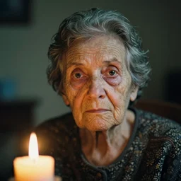 a close up portrait of a solitary old underweight lady is frozen, hyper realistic photo, candle light, full colour, kodak porta 4 0 0, shallow depth of field, upscale, 8 k, masterpiece,