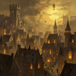 A digital concept art painting of a medieval european town in a strange alternate dimension, full of candle-lit windows floating in air, hooded figures, golden hour, by Greg Rutkowski, trending on Artstation