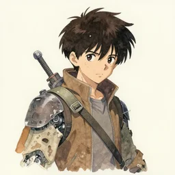 appealing naturalistic portrait of a young scrappy novice cyborg warrior thief, representational earth tones, stunning clarity experimental cut paper mixed media blotchy character shape design by masaaki yuasa, pleasing palette watercolor masterpiece