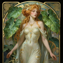 beautiful sexy ethereal queen of the philodendron art nouveau, D&D, fantasy, intricate, elegant, highly detailed, digital painting, artstation, concept art, matte, sharp focus, illustration, hearthstone, art by Artgerm and Greg Rutkowski and Alphonse Mucha