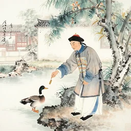 a chinese painting of a qing dynasty man playing with a duck by a chinese garden, chinese calligraphic painting, watercolor, not japanese