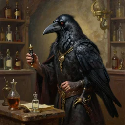 highly detailed 3 / 4 oil painting of an alchemist, crow fantasy race, medieval apothecary background